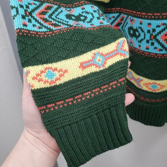 Sepa Men's Vintage 1980s Green Yellow Southwestern Navajo Knit Cosby Sweater L - Picture 3 of 5